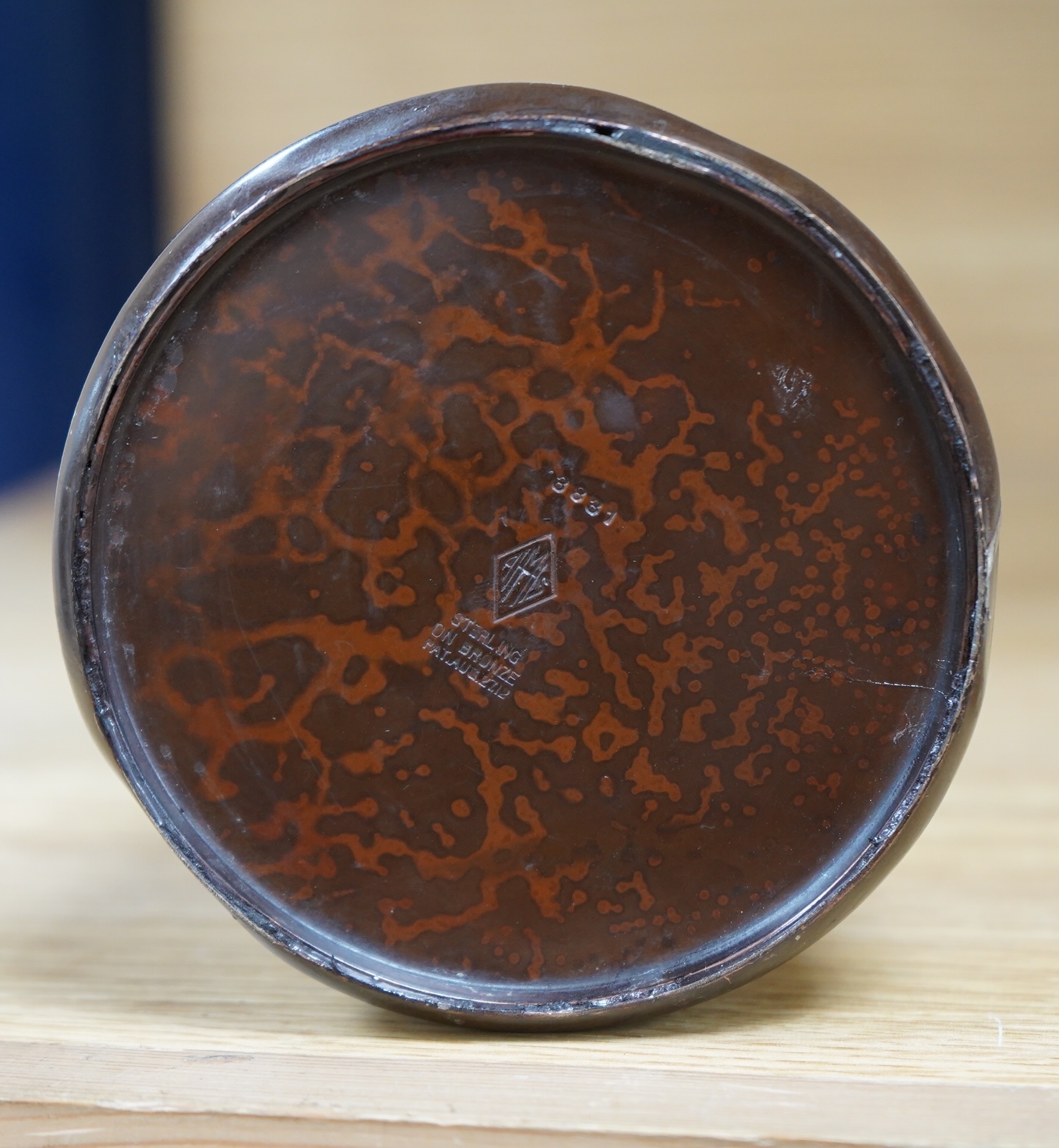 Otto Heintz. An Art Nouveau silver overlaid patinated copper vase, 28cm. Condition - fair
